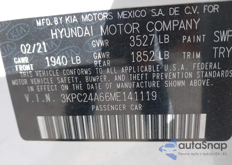 2021 Hyundai Accent Se z USA, uszkodzony, nr VIN 3KPC24A66ME141119